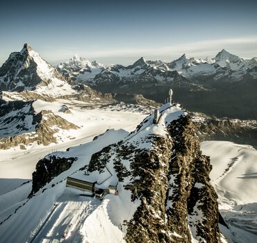 Aerial view of the mountain peaks in winter